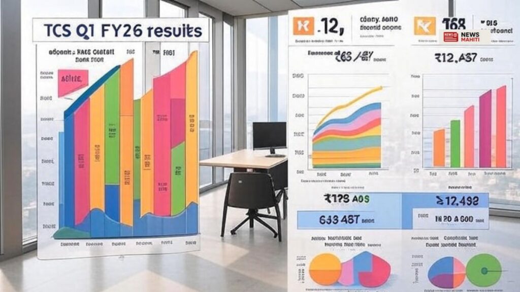 TCS Q1 FY26 અને FY25ની વૈભવી ઇન્ફોગ્રાફિક સરખામણી, નફો ₹12,760 કરોડ, આવક ₹63,437 કરોડ અને ડિવિડન્ડ ₹11 પ્રતિ શેરની માહિતી સાથે રંગીન ચાર્ટ અને ફ્યુચરિસ્ટિક IT ઓફિસ બેકગ્રાઉન્ડ.